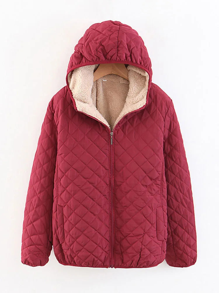 Women Autumn Winter Parkas Coat Jackets Female Lamb Hooded Plaid Long