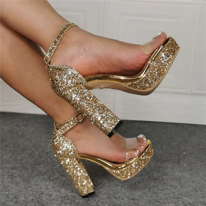 Sexy Women Sandal Bling Bling Gold Platform Heel Sandals Shinning Thick Heels