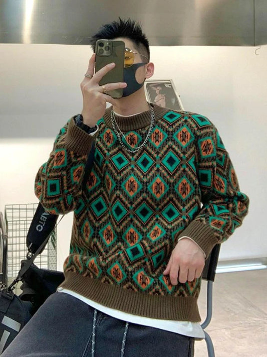 Man Clothes Graphic Crewneck Knitted Sweaters for Men Round Collar Argyle