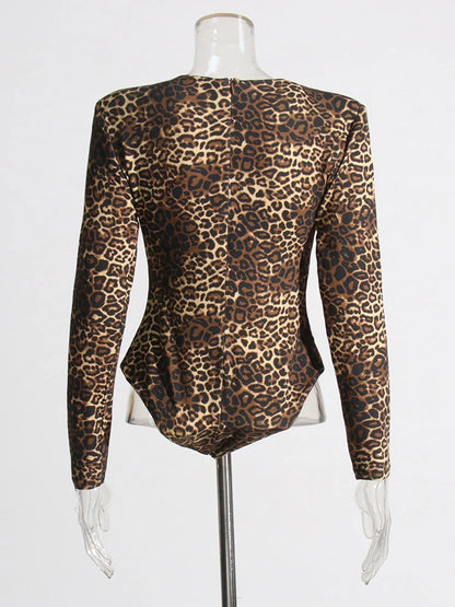 TWOTWINSTYLE Colorblock Leopard Printing Slimming Bodysuists