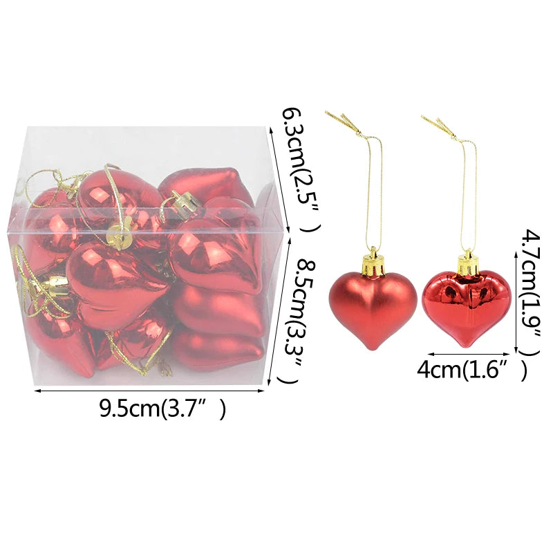 12Pcs Plastic Heart Ornament for Christams Tree Decor Christmas Balls