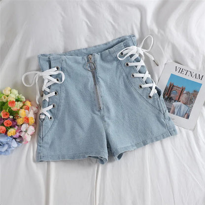 Spring Autumn Women Jeans Shorts Tie High Waist Denim Shorts