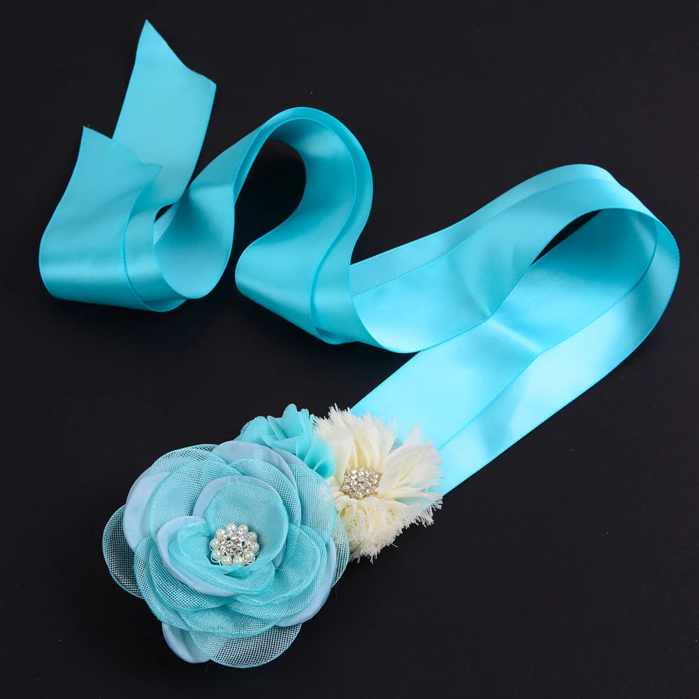 Turquoise Blue Girl Woman Sash Belt Satin Silk Chiffon Flower Sash Belt