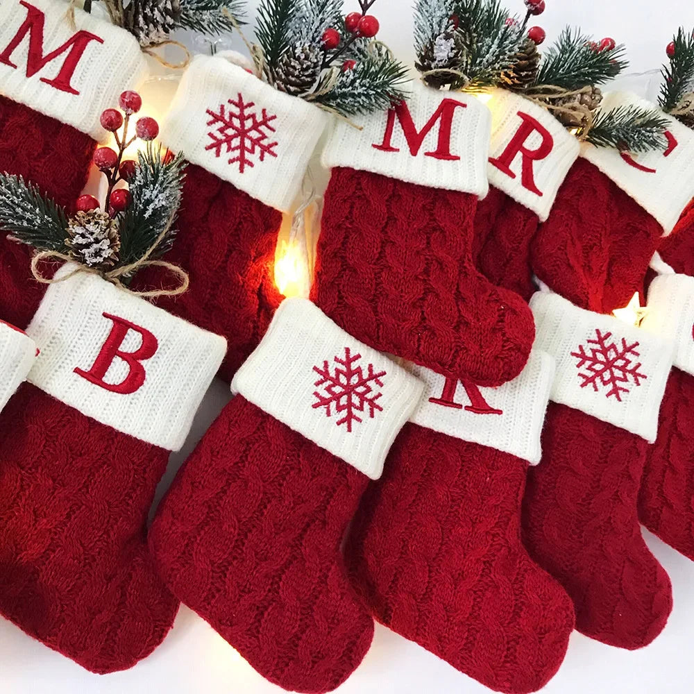 Merry Christmas Socks Red Snowflake Alphabet Letters Christmas Stocking