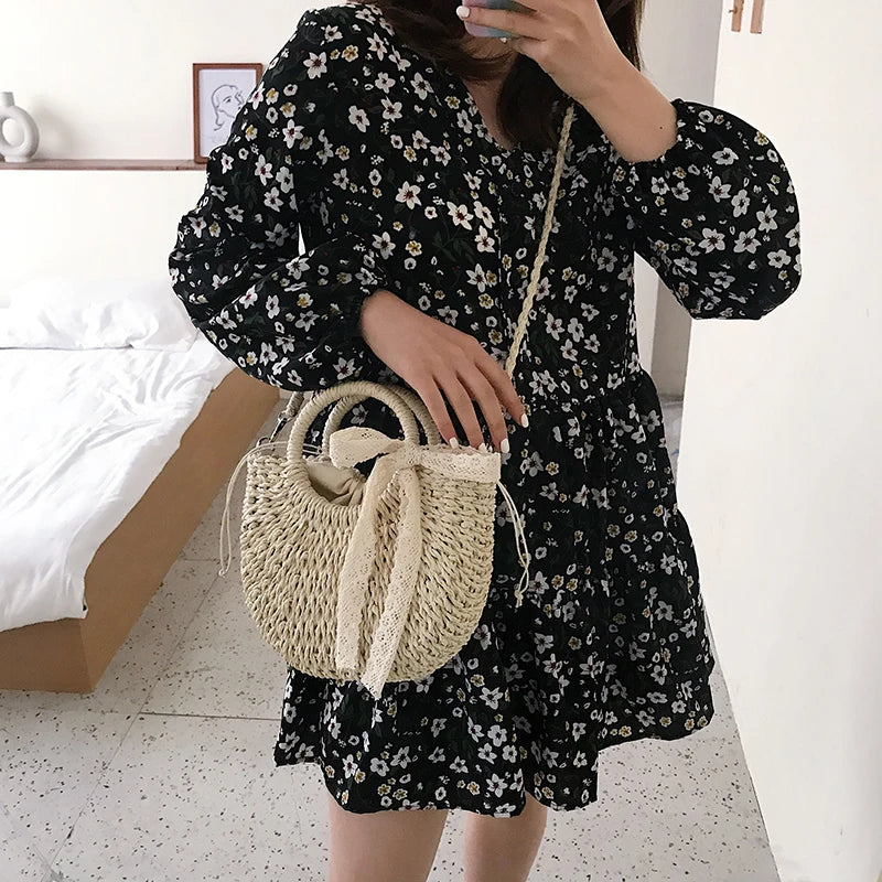 DikizFly Rattan Woven Straw Bag Women Weaving Summer Beach Bags Handmade Half