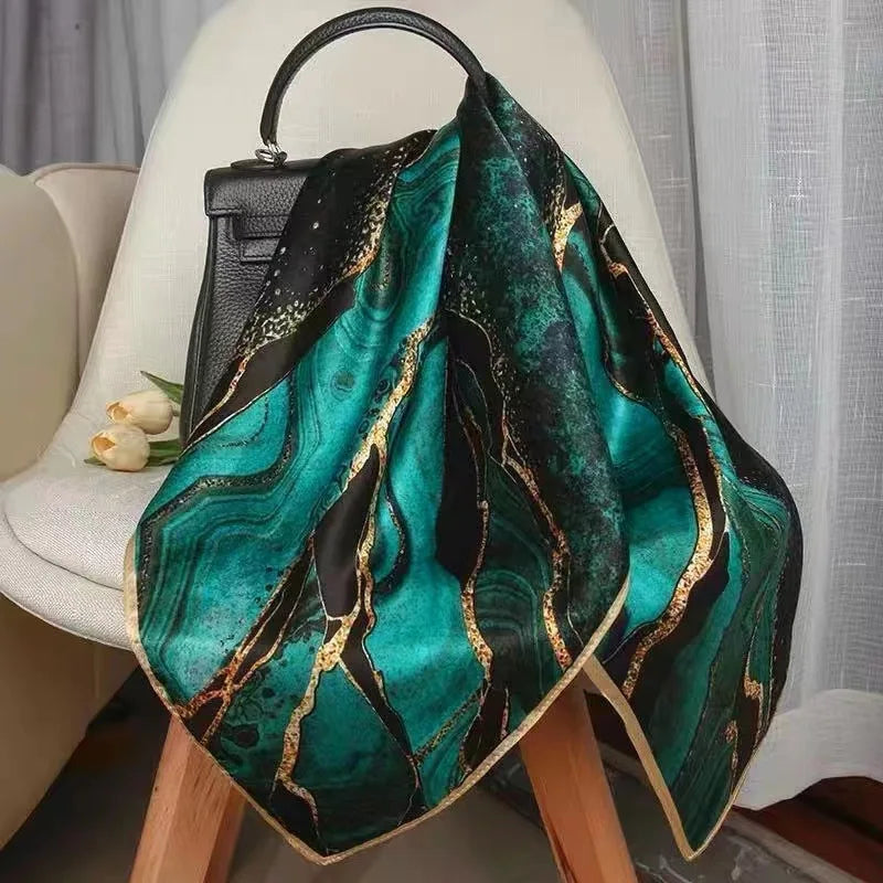 2023 Spain Fashion 90*90cm Square Women Dark Green Leopard Floral Silk Shawl