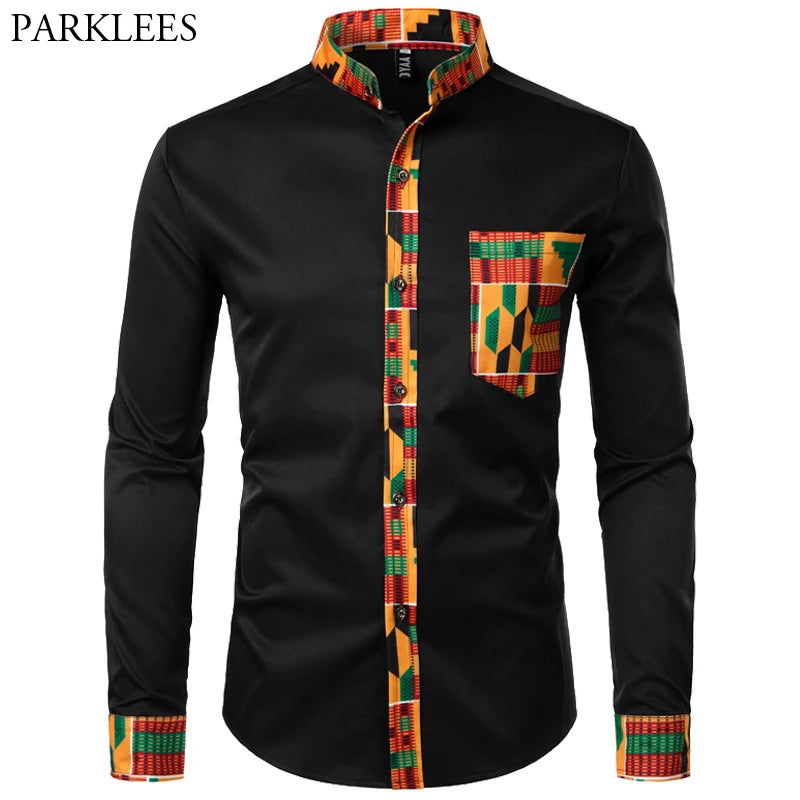 Dashiki African Mens Shirt Patchwork Pocket Africaine Print Shirt Men