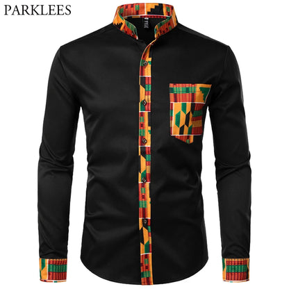 Dashiki African Mens Shirt Patchwork Pocket Africaine Print Shirt Men