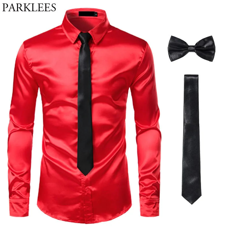 Black Mens Silk Dress Shirts 3Pcs(Shirt +Tie+Bowtie) Smooth Satin Shirt