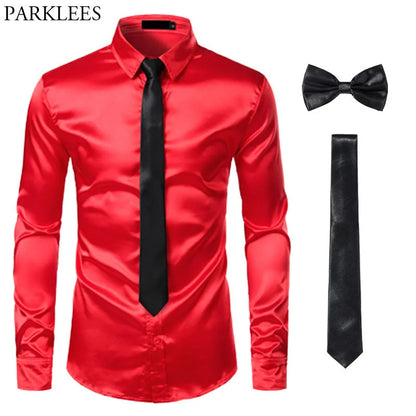 Black Mens Silk Dress Shirts 3Pcs(Shirt +Tie+Bowtie) Smooth Satin Shirt