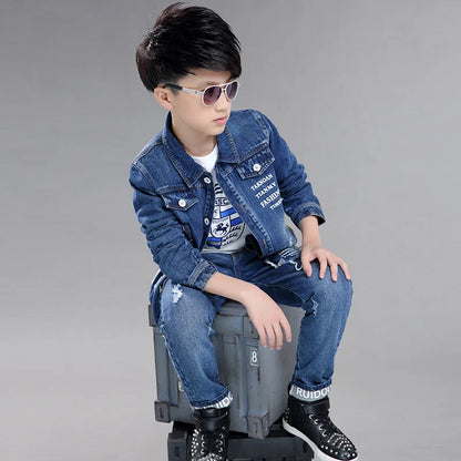 Teenage Boys Denim Clothes Set Autumn Children Jeans Coat and Pants Boys suit