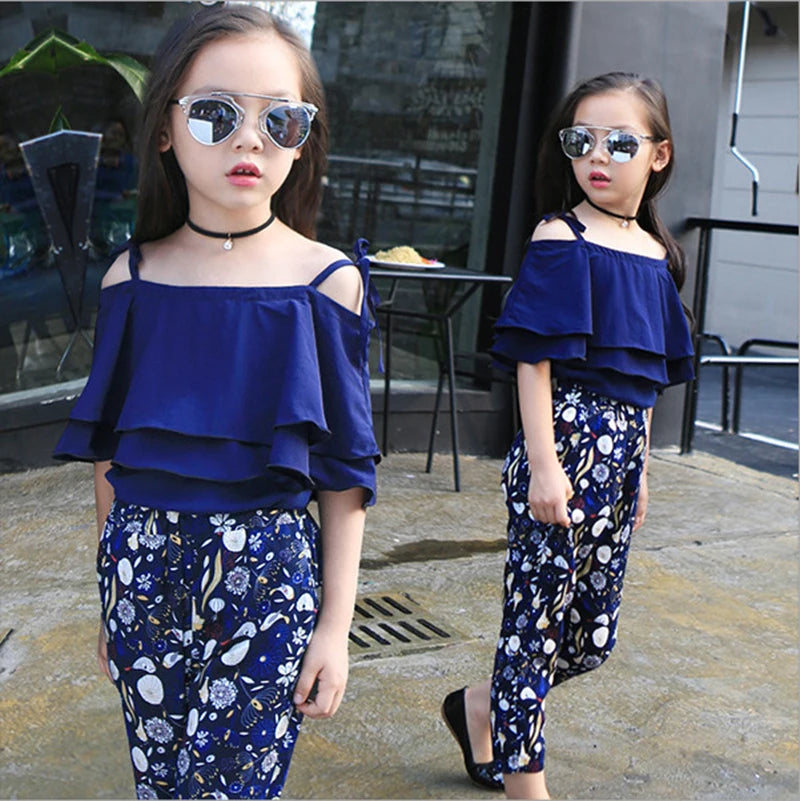 Summer Teen Girls Flower Chiffon Clothing Set Children Off Shoulder Tops Floral