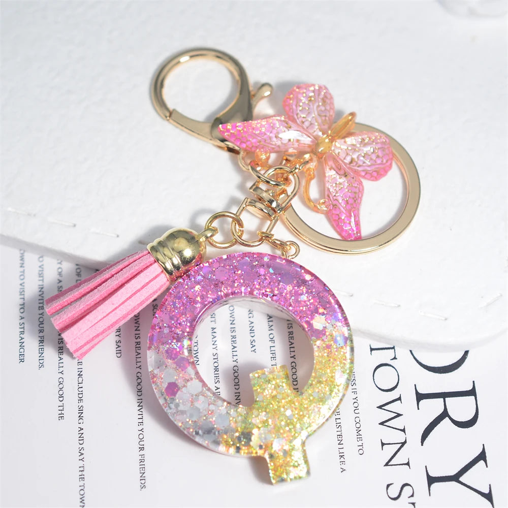 Cute Resin A-Z Initials Letter Keychain Pink Sparkle Butterfly Tassel Pendant