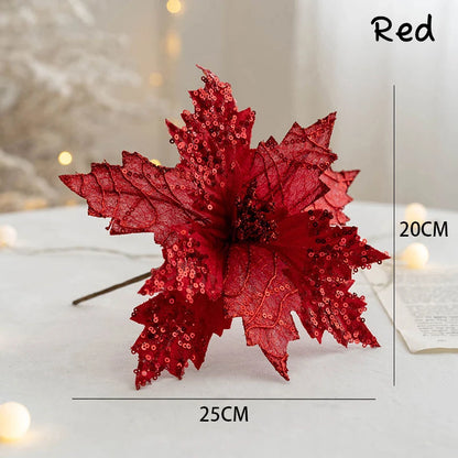 Handcraft Glitter Large Decor Poinsettia Fake Flowers for DIY New Year