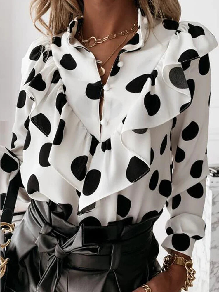 Womens Elegant Ruffle Blouse Shirts Polka Dot Leopard Blouses Femme 2022