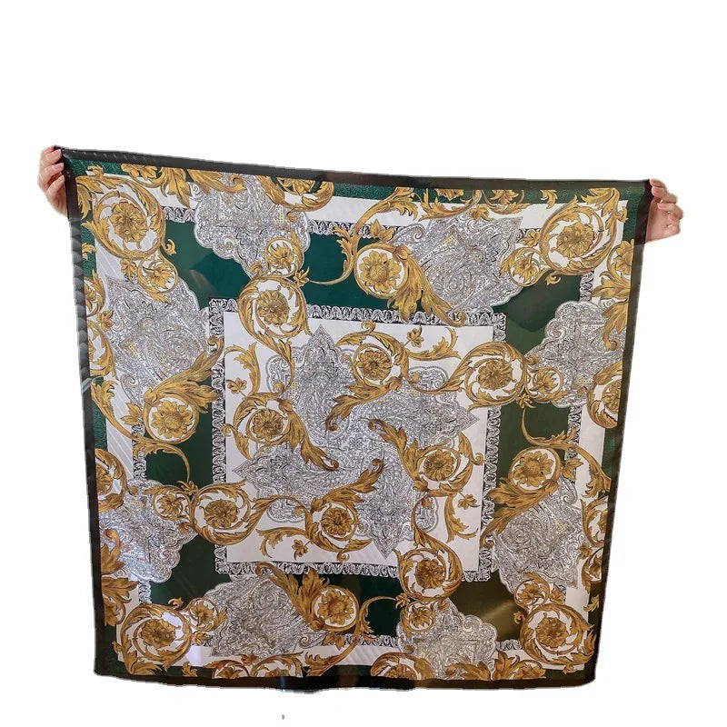 2023 Spain Fashion 90*90cm Square Women Dark Green Leopard Floral Silk Shawl