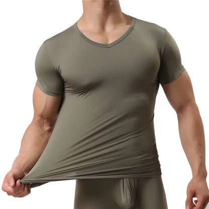 Man Undershirt Ice Silk Spandex Sheer T Shirts Male Nylon V-Neck Short Sleeves