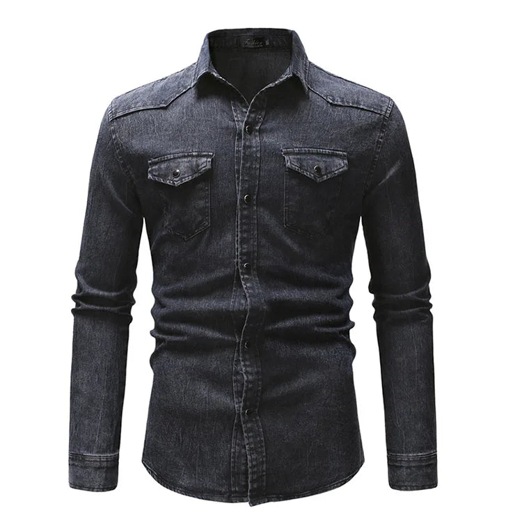 High Quality Long Sleeve Denim Shirt Men Spring Solid Color Cotton Jeans Shirt