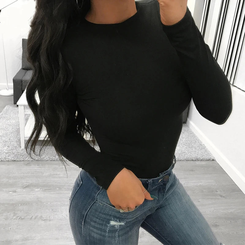 O Neck Long Sleeve Solid White Sexy Bodysuit