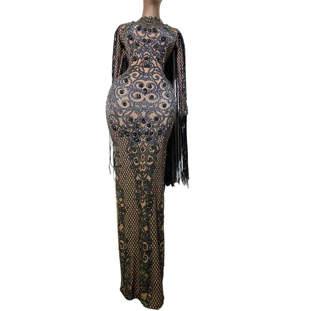 Crystals Long Tassel Party Bodycon Dress Women Long Sleeves