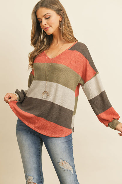 Rib Multicolor Stripes V-Neck Puff Sleeves Top