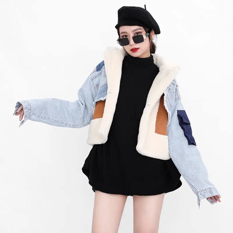 DEAT 2024 Autumn Sheep Fur Turn-Down Collar Full Sleeves Denim Blue