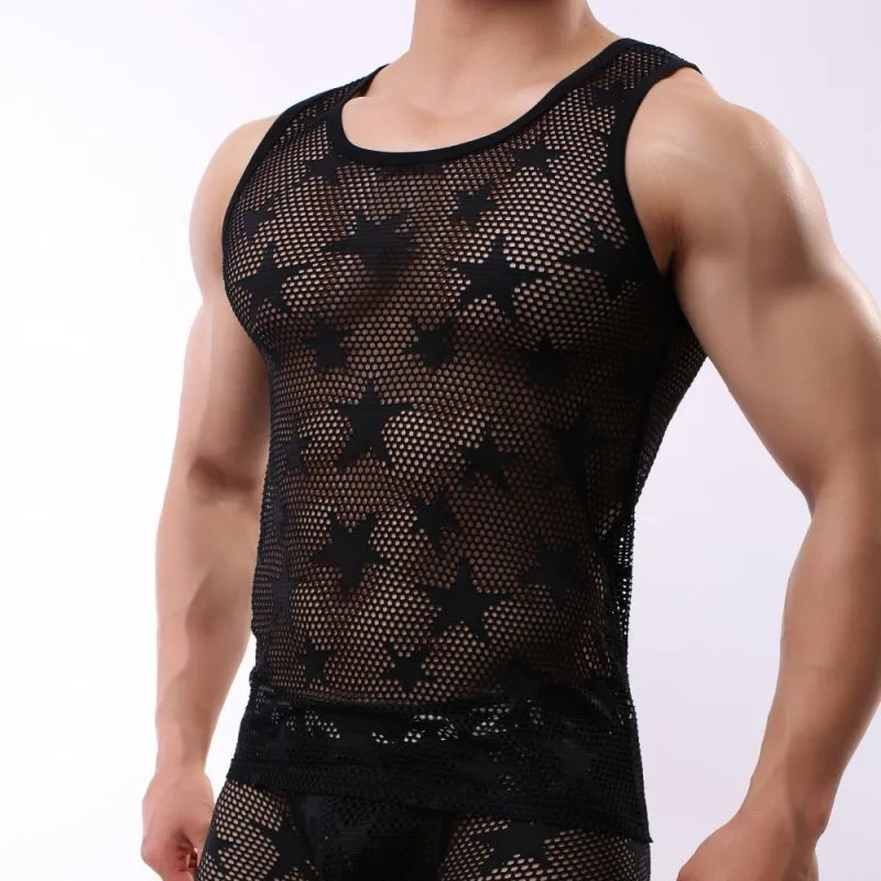 Men's Shirt Tank Top Gym Clothing Bodybuilding Mesh See Through Fitness Shirt