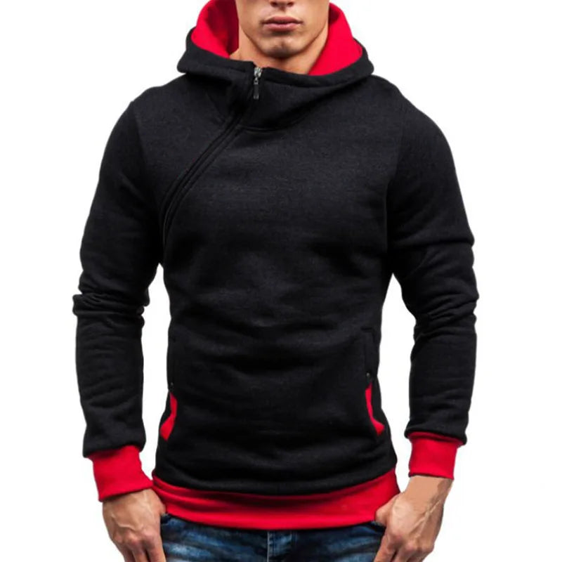 New Casual Solid Mens Hoodies Diagonal Zipper Long Sleeve Hoodie Sweatshirts Men