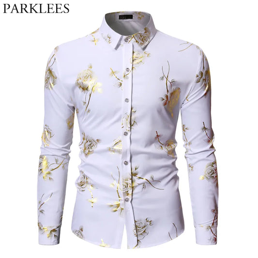 Mens Gold Rose Floral Print Shirts Brand Floral White Long Sleeve Wedding Party