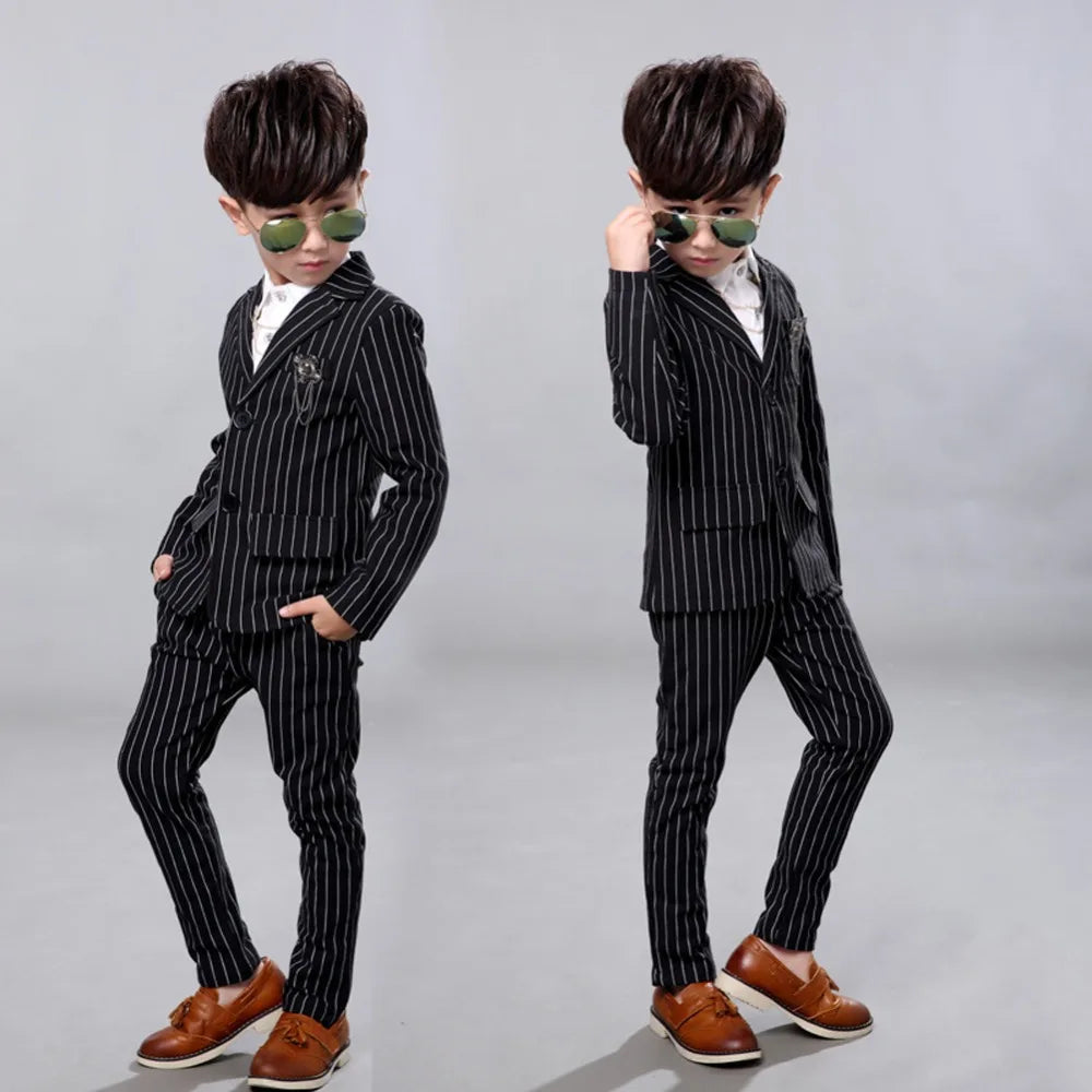 LOLANTA 2Pcs Kids Boys Strip White Black Formal Wedding Dress Suits Casual