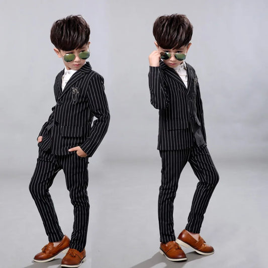 LOLANTA 2Pcs Kids Boys Strip White Black Formal Wedding Dress Suits Casual