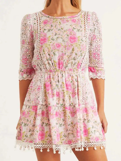 Boho Inspired Pink Floral Cotton Mini Dress Women