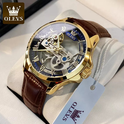 OLEVS Men's Watches Automatic Mechanical Watches Waterproof Leather Strap