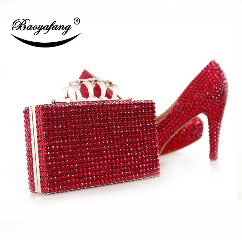 BaoYaFang New Red Crystal Womens Wedding Shoes With Matching Bags Luxury High