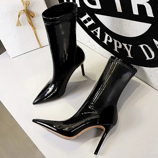 BIGTREE Shoes Patent Leather Mid-Calf Boots Women Sexy High-Heel Leather Boots