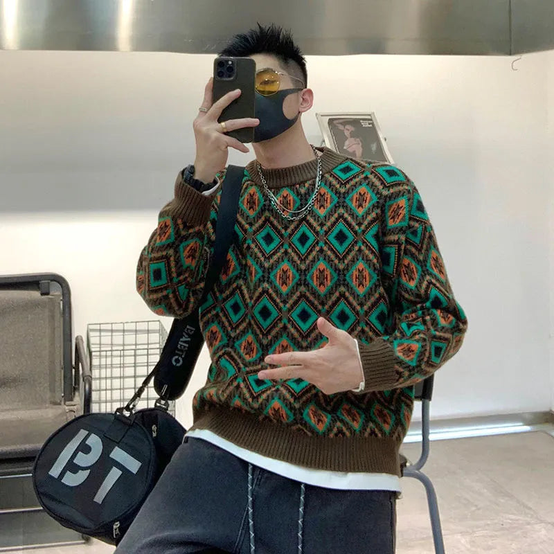 Man Clothes Graphic Crewneck Knitted Sweaters for Men Round Collar Argyle