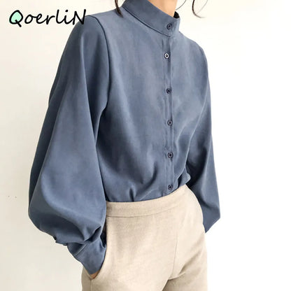 Big Lantern Sleeve Blouse Women Autumn Winter Single Breasted Stand