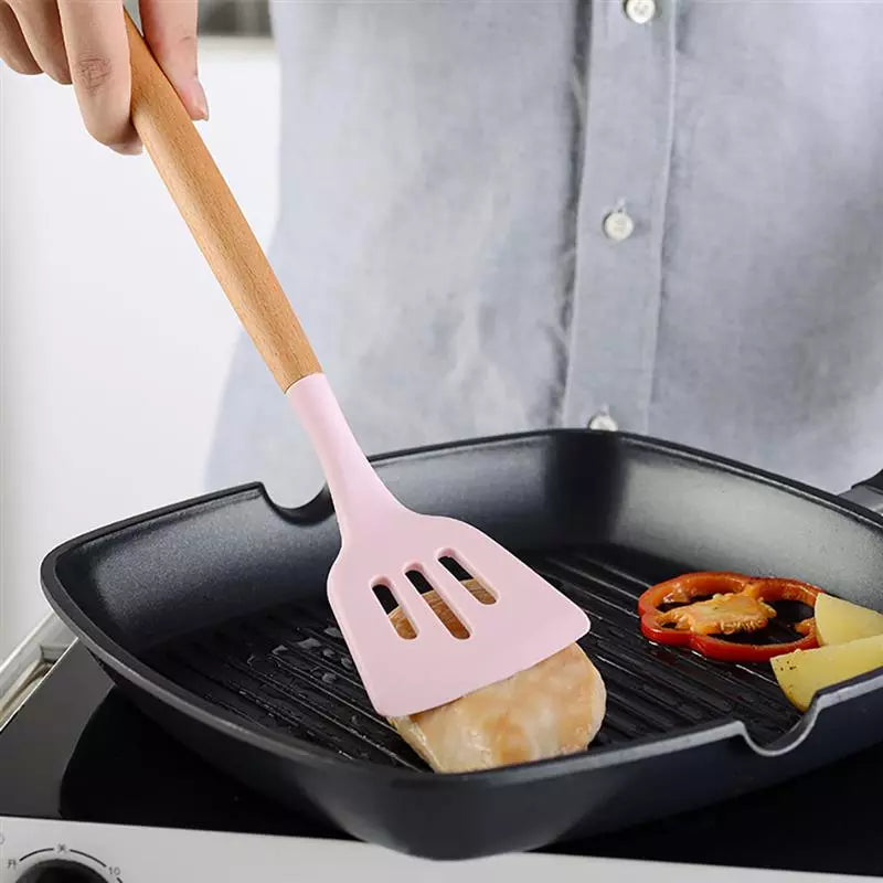 Silicone Cooking Utensils Non-Stick Spatula Shovel Wooden Handle Cooking Tools