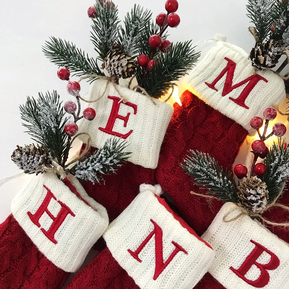 Merry Christmas Socks Red Snowflake Alphabet Letters Christmas Stocking