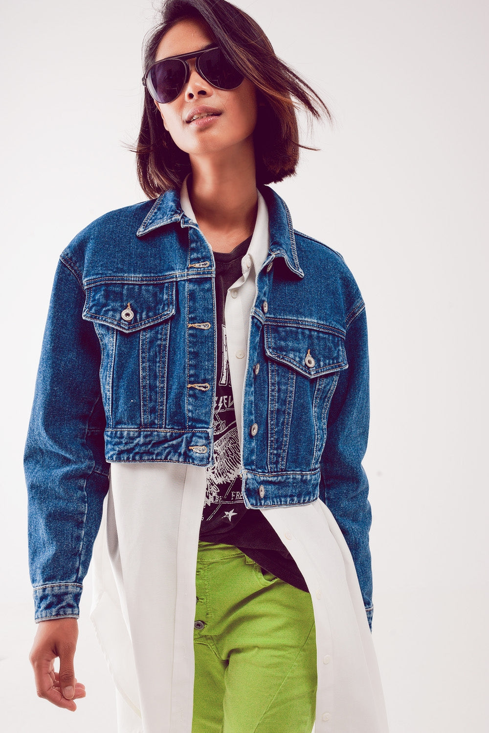 Cropped Denim Jacket in Mid Blue