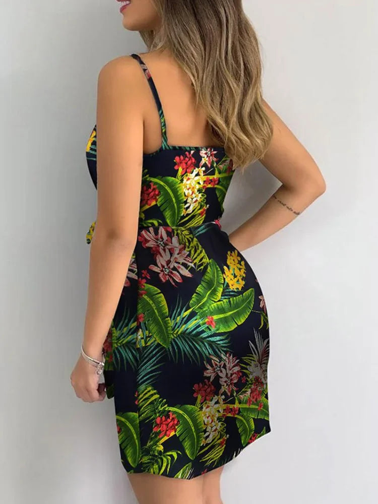 Tropical Print V-Neck Wrap Casual Dress Women Sleeveless