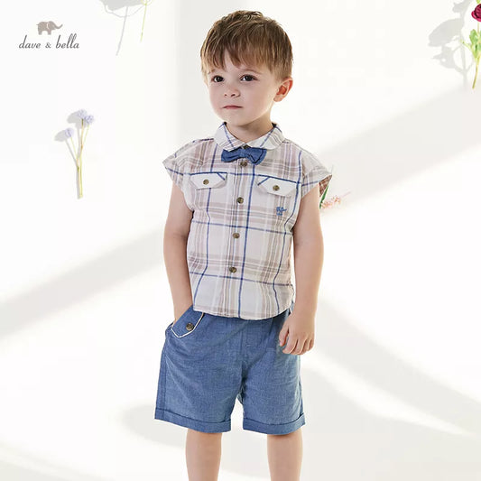 Dave Bella Kids Clothes Boys Set Khaki Plaid Shirt Shorts Kids Outfits Baby Boy