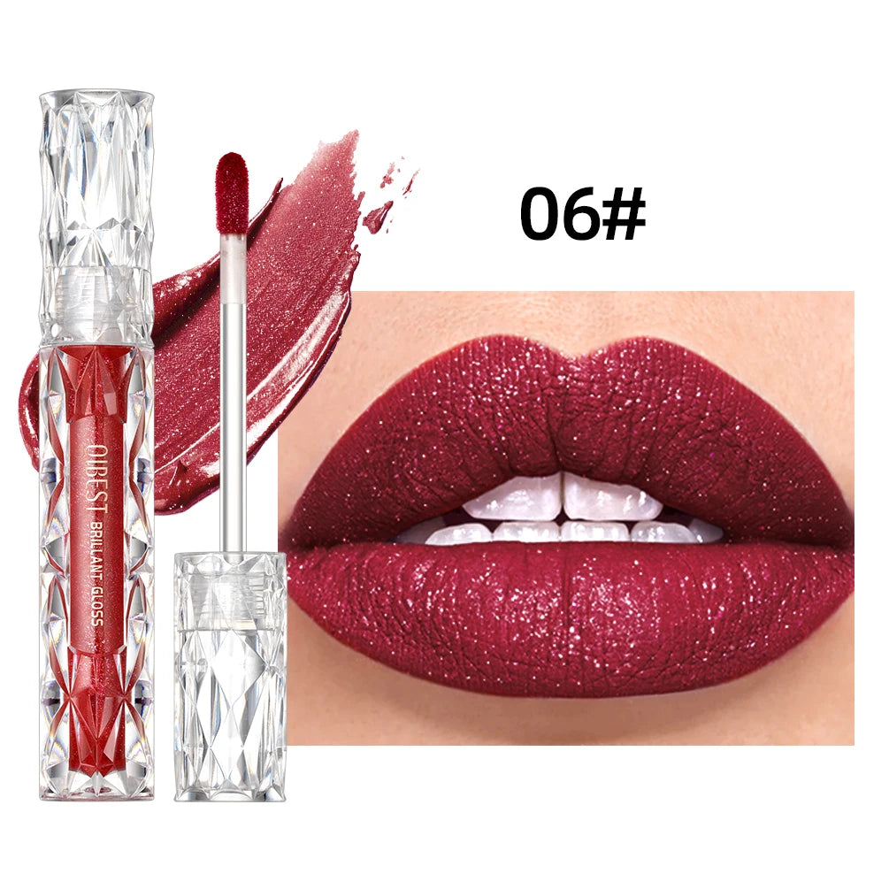 QIBEST Shimmer Lip Gloss Diamond Glitter Lip Tint Waterproof Long Lasting Matte