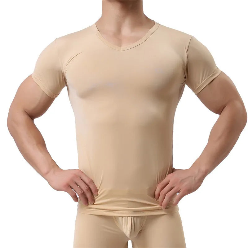 Man Undershirt Ice Silk Spandex Sheer T Shirts Male Nylon V-Neck Short Sleeves