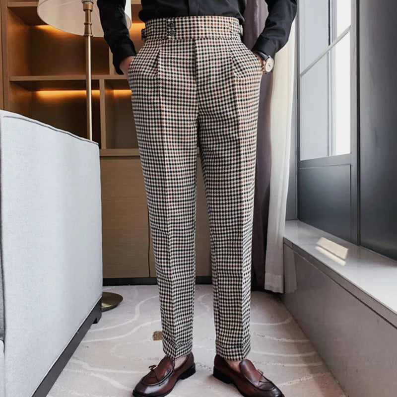 British Casual Men Dress Pant Thousand Bird Grid High Waist Straight Pants