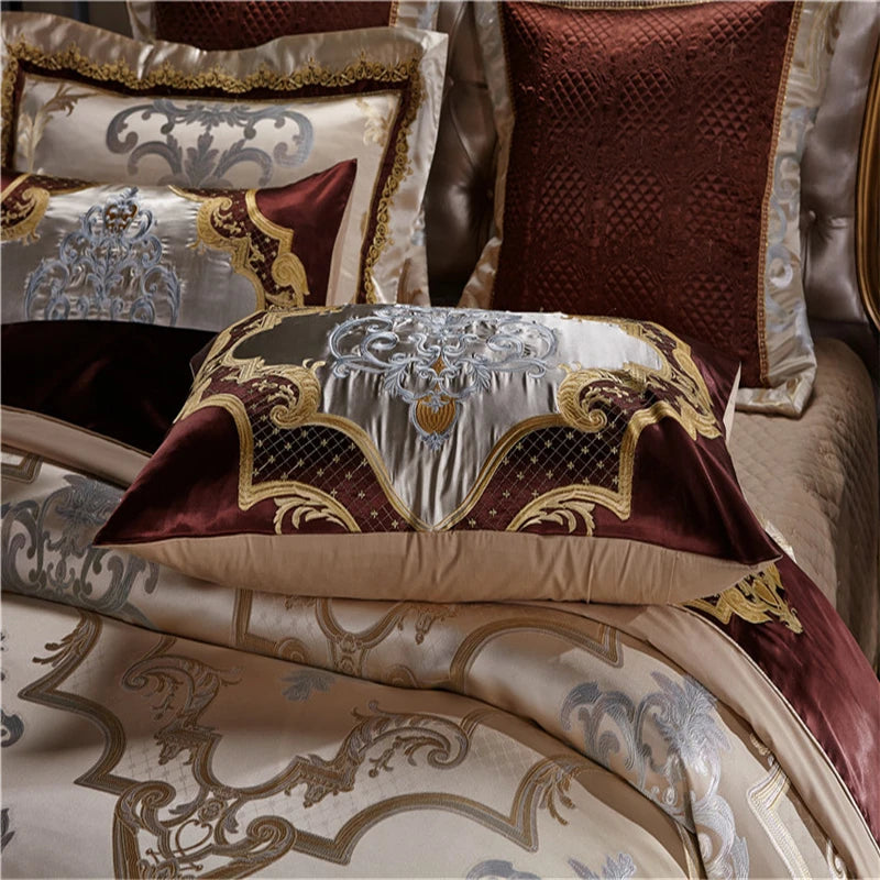 Golden Silk Cotton Luxury Satin Jacquard Bedding Set Queen