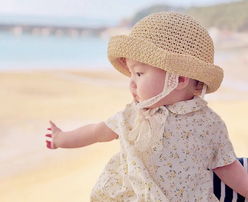 Summer Korean Baby Boy Girl Straw Hats Lace Strap Crochet Children