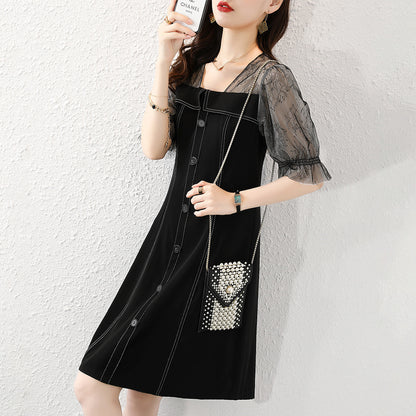 2022 Women Dresses Button Decor Half Puff Mesh Sleeve Korean