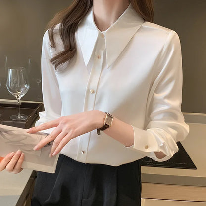 Korean Silk Women Shirts Satin Blouses Women Long Sleeve Shirts