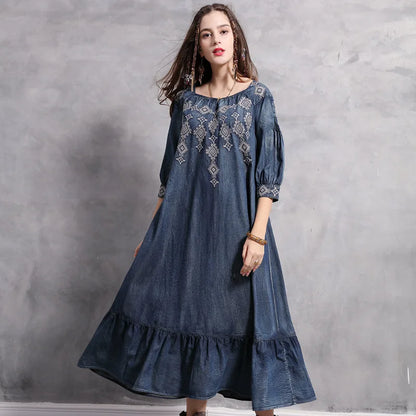 21New Women Denim Dresses Spring Autumn Vintage Embroidery